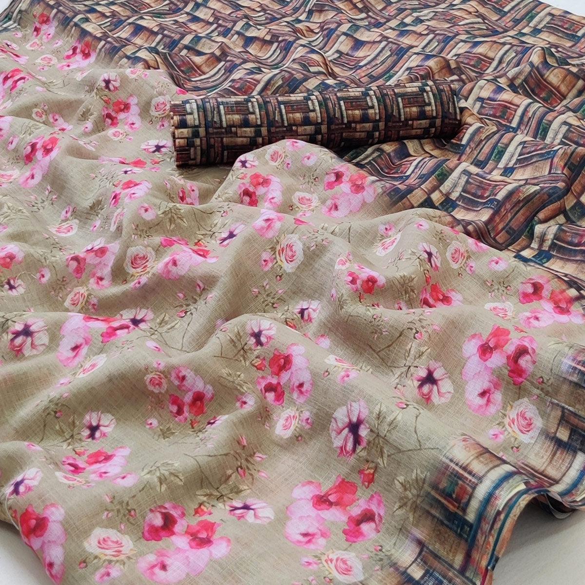 Grey Floral Printed Linen Saree - Peachmode