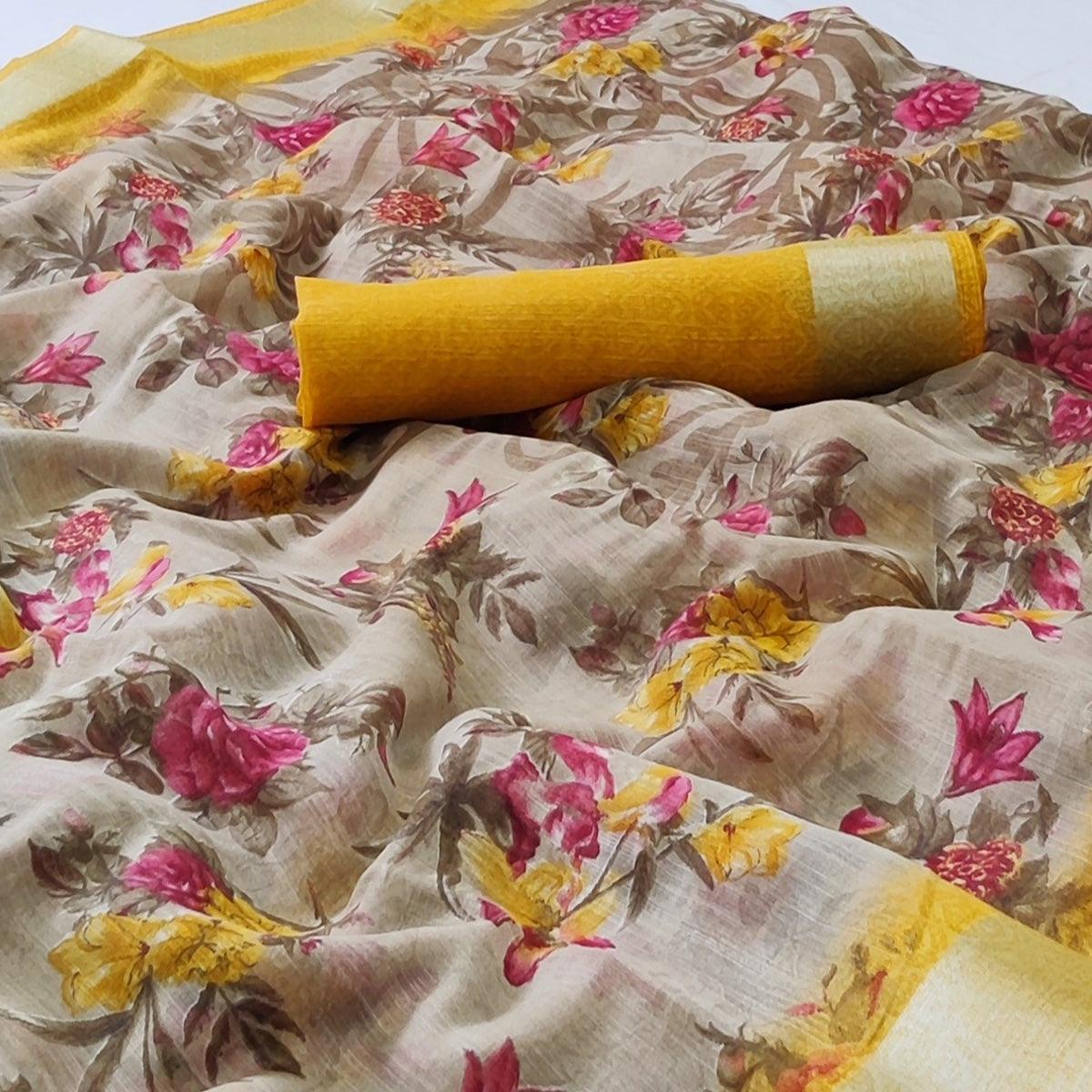 Grey Floral Printed Linen Saree - Peachmode