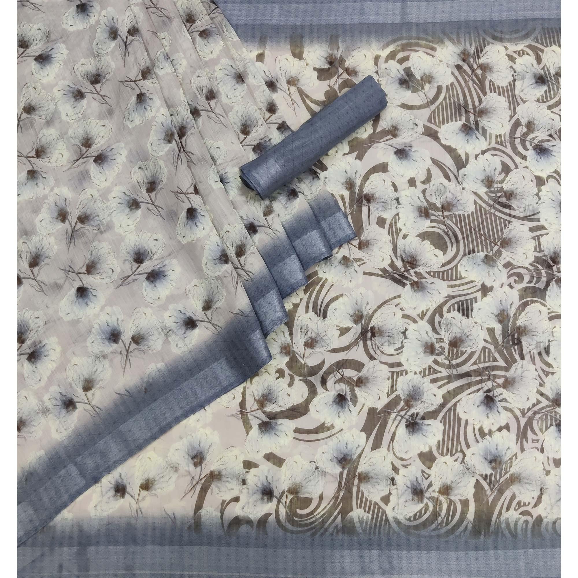 Grey Floral Printed Linen Saree - Peachmode