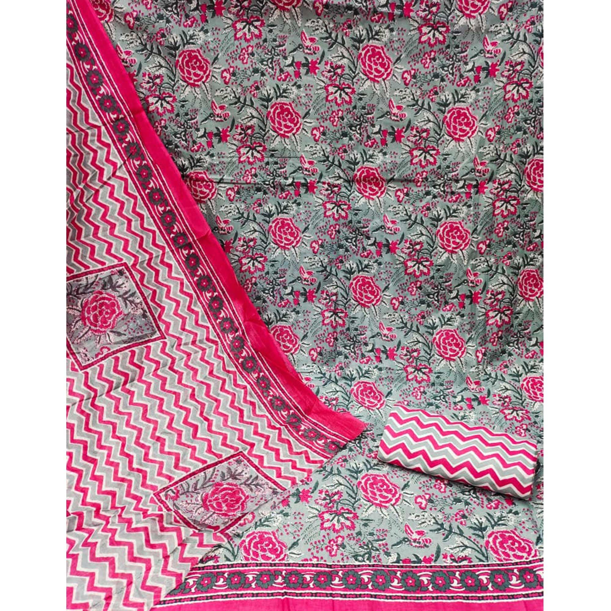 Grey Floral Printed Pure Cotton Dress Material - Peachmode