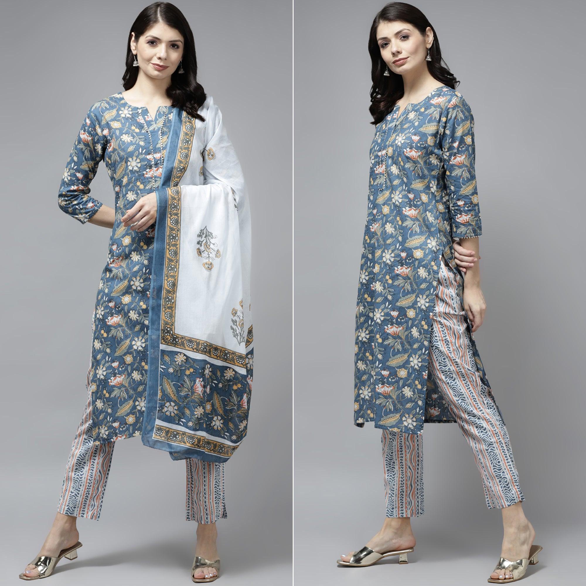 Grey Floral Printed Pure Cotton Salwar Suit - Peachmode