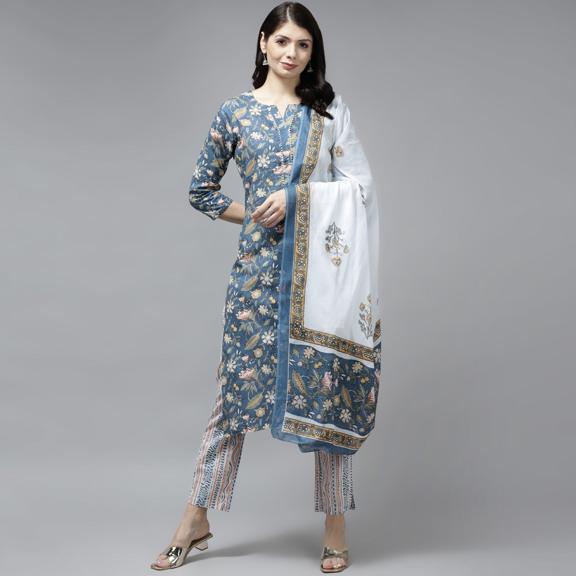 Grey Floral Printed Pure Cotton Salwar Suit - Peachmode