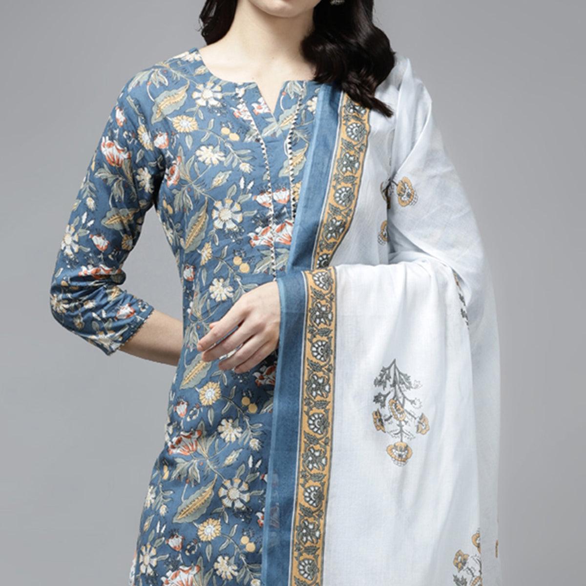 Grey Floral Printed Pure Cotton Salwar Suit - Peachmode