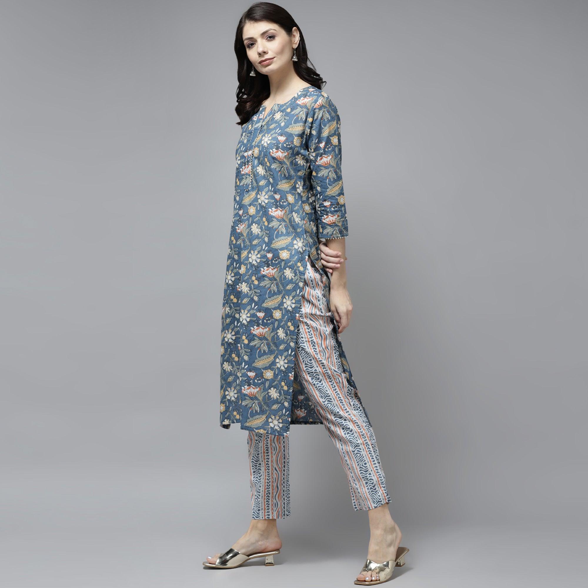 Grey Floral Printed Pure Cotton Salwar Suit - Peachmode