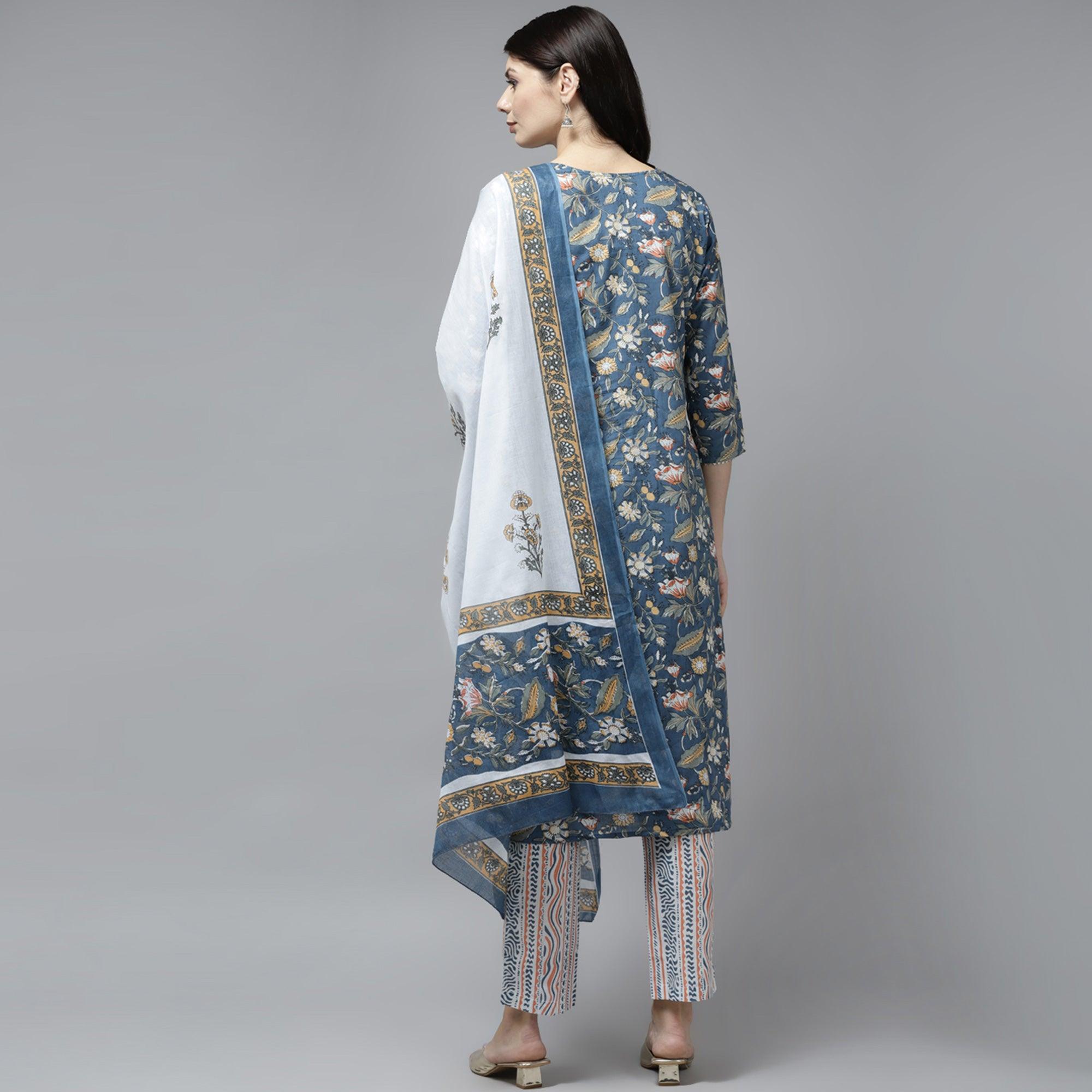 Grey Floral Printed Pure Cotton Salwar Suit - Peachmode