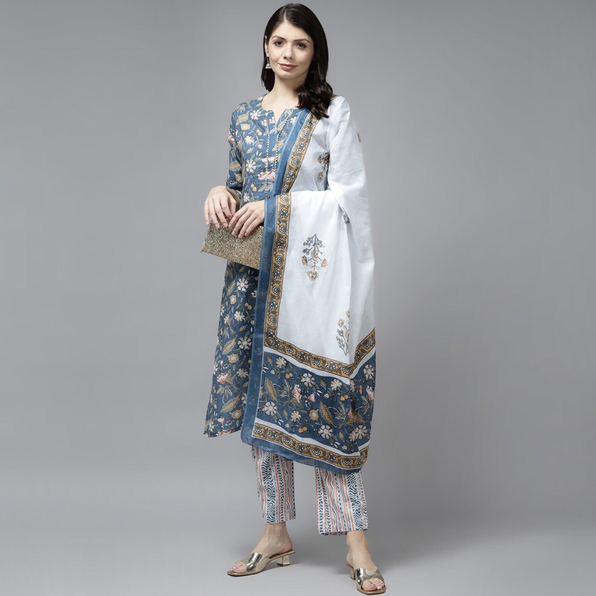 Grey Floral Printed Pure Cotton Salwar Suit - Peachmode