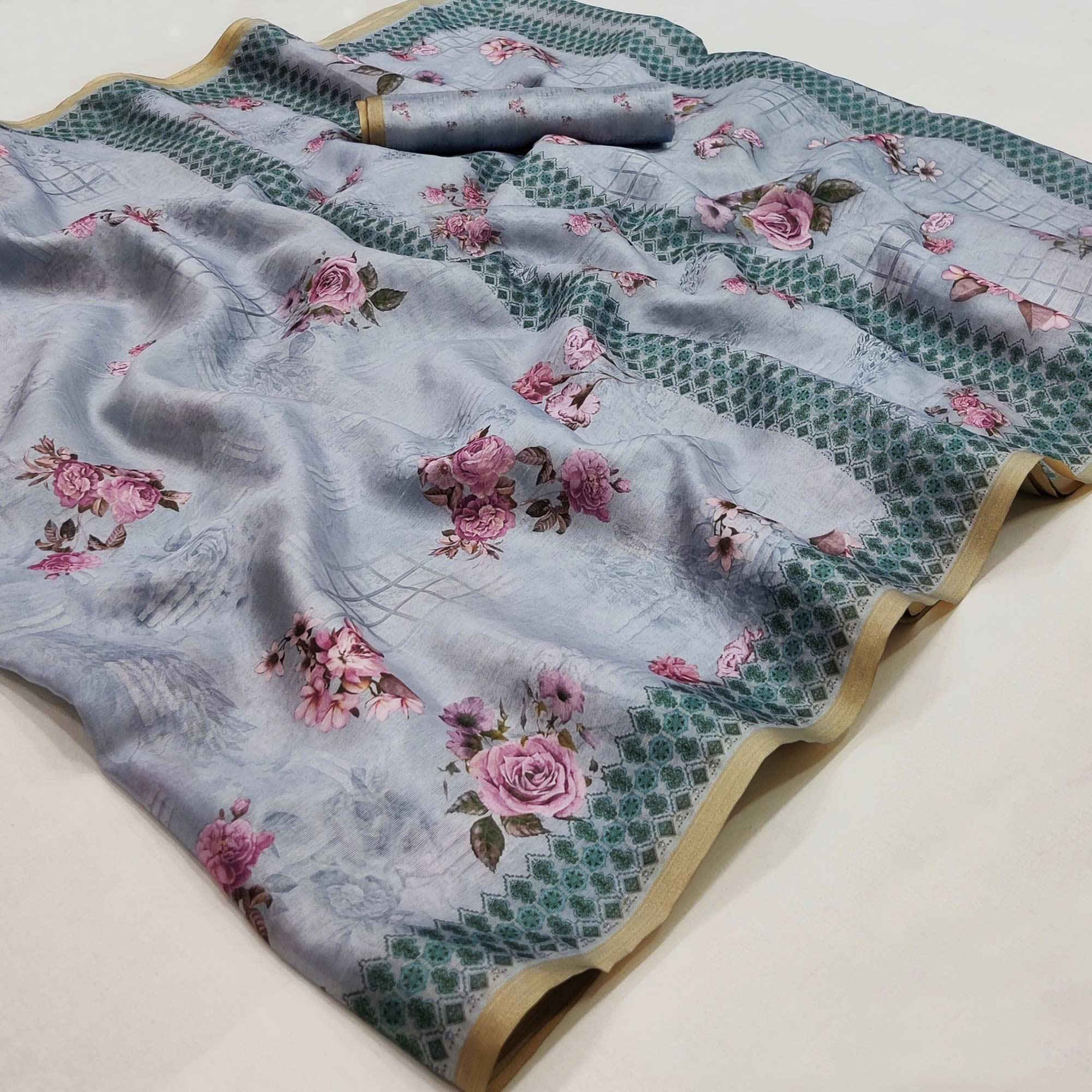 Grey Floral Printed Pure Cotton Saree - Peachmode