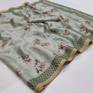 Grey Floral Printed Pure Cotton Saree - Peachmode