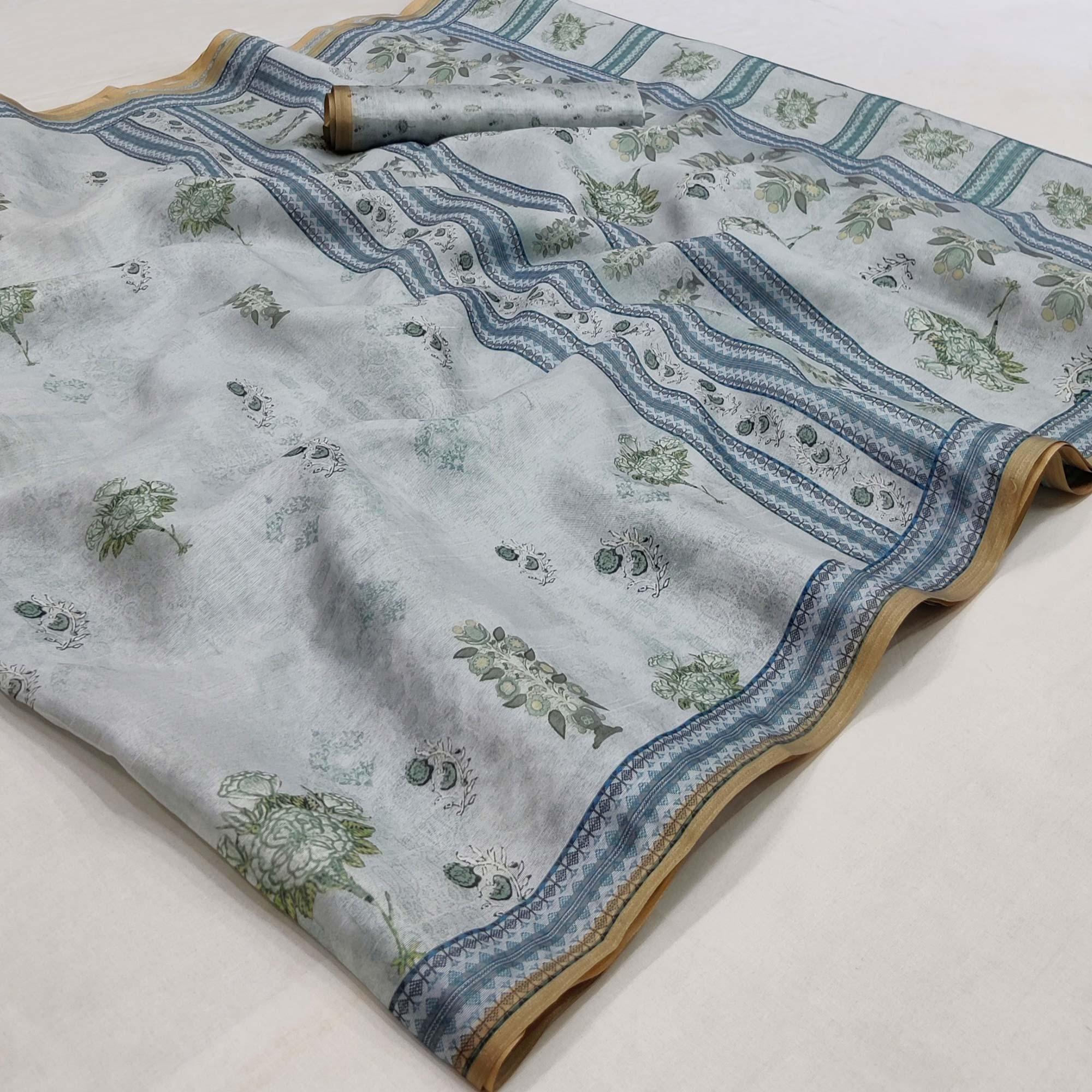 Grey Floral Printed Pure Cotton Saree - Peachmode