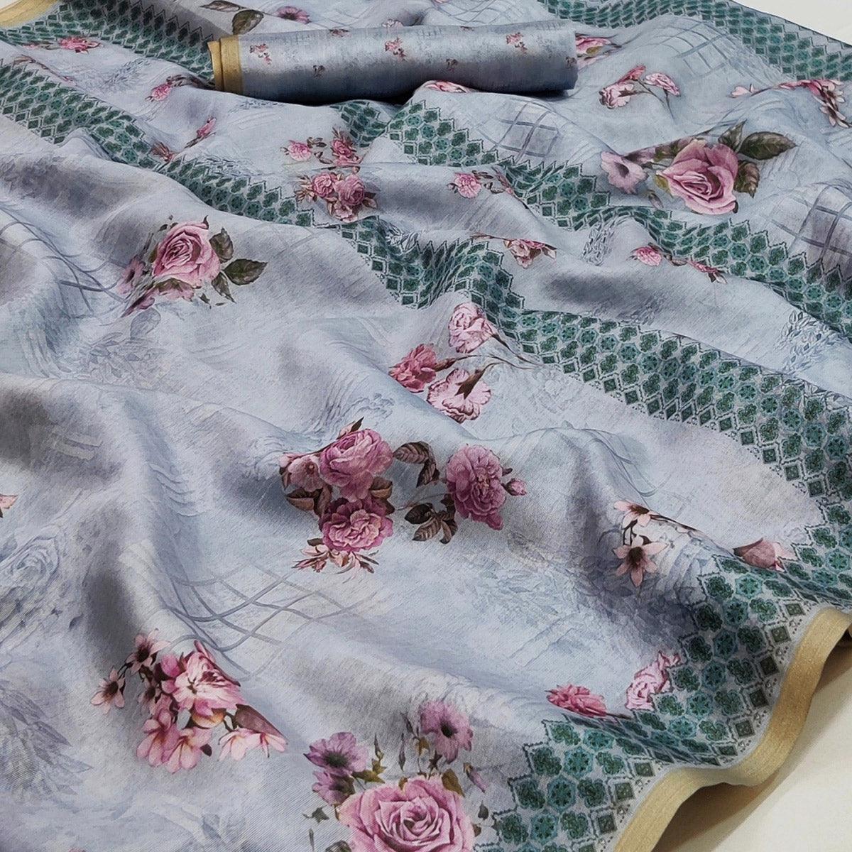 Grey Floral Printed Pure Cotton Saree - Peachmode