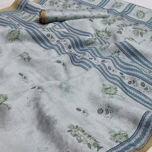 Grey Floral Printed Pure Cotton Saree - Peachmode
