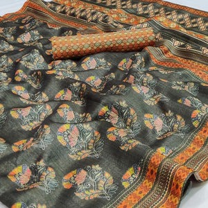 Grey Floral Printed Pure Cotton Saree - Peachmode