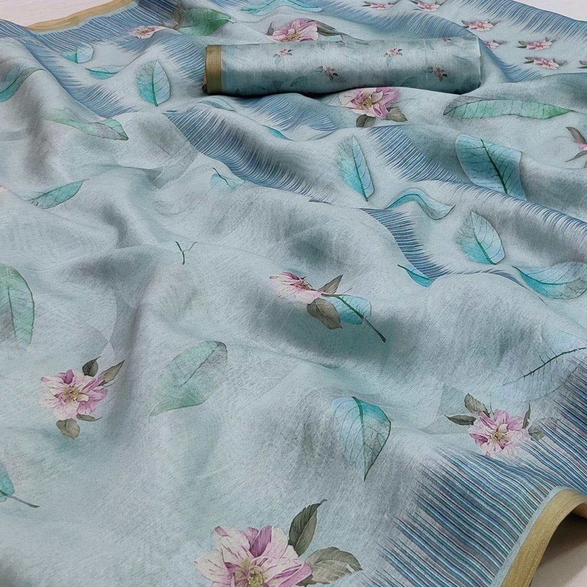 Grey Floral Printed Pure Cotton Saree - Peachmode