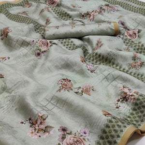 Grey Floral Printed Pure Cotton Saree - Peachmode