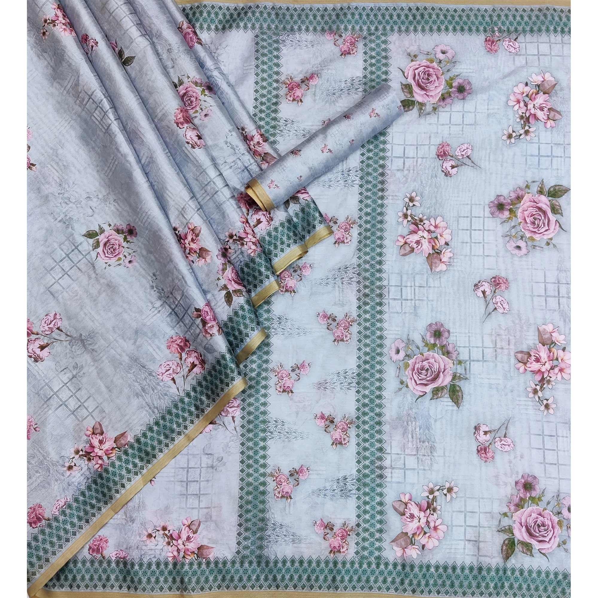 Grey Floral Printed Pure Cotton Saree - Peachmode