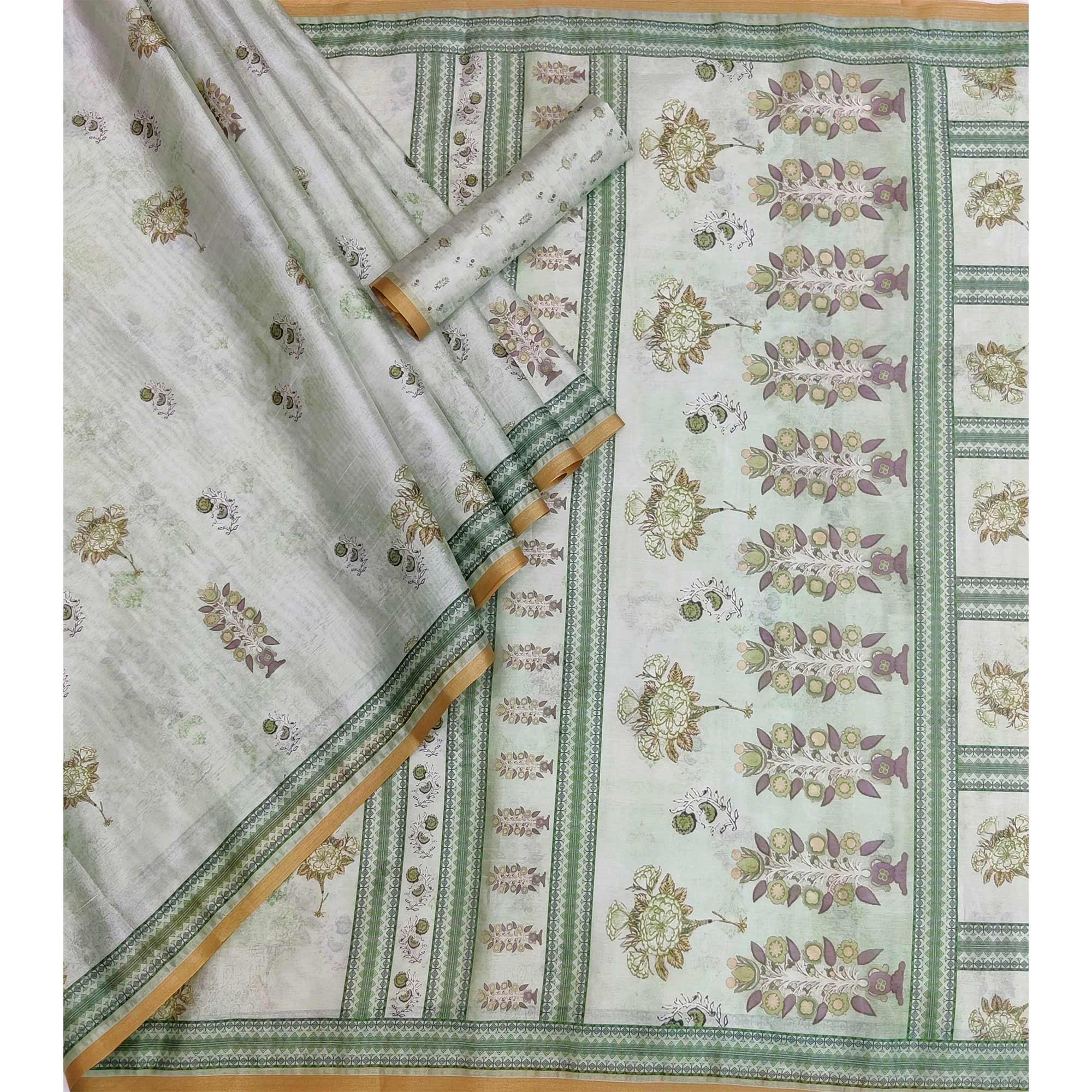 Grey Floral Printed Pure Cotton Saree - Peachmode