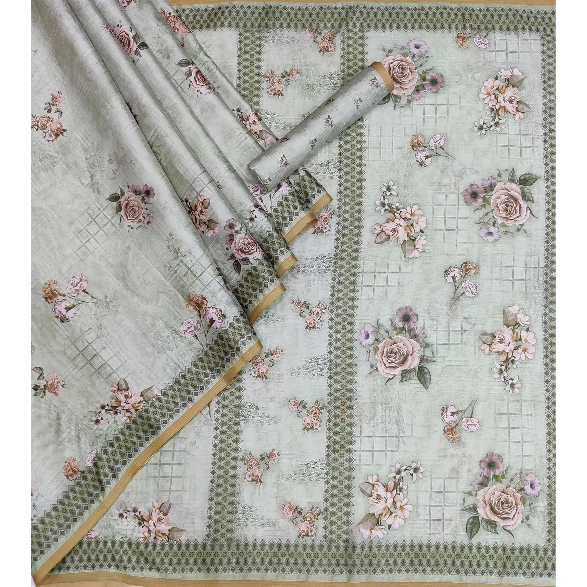 Grey Floral Printed Pure Cotton Saree - Peachmode