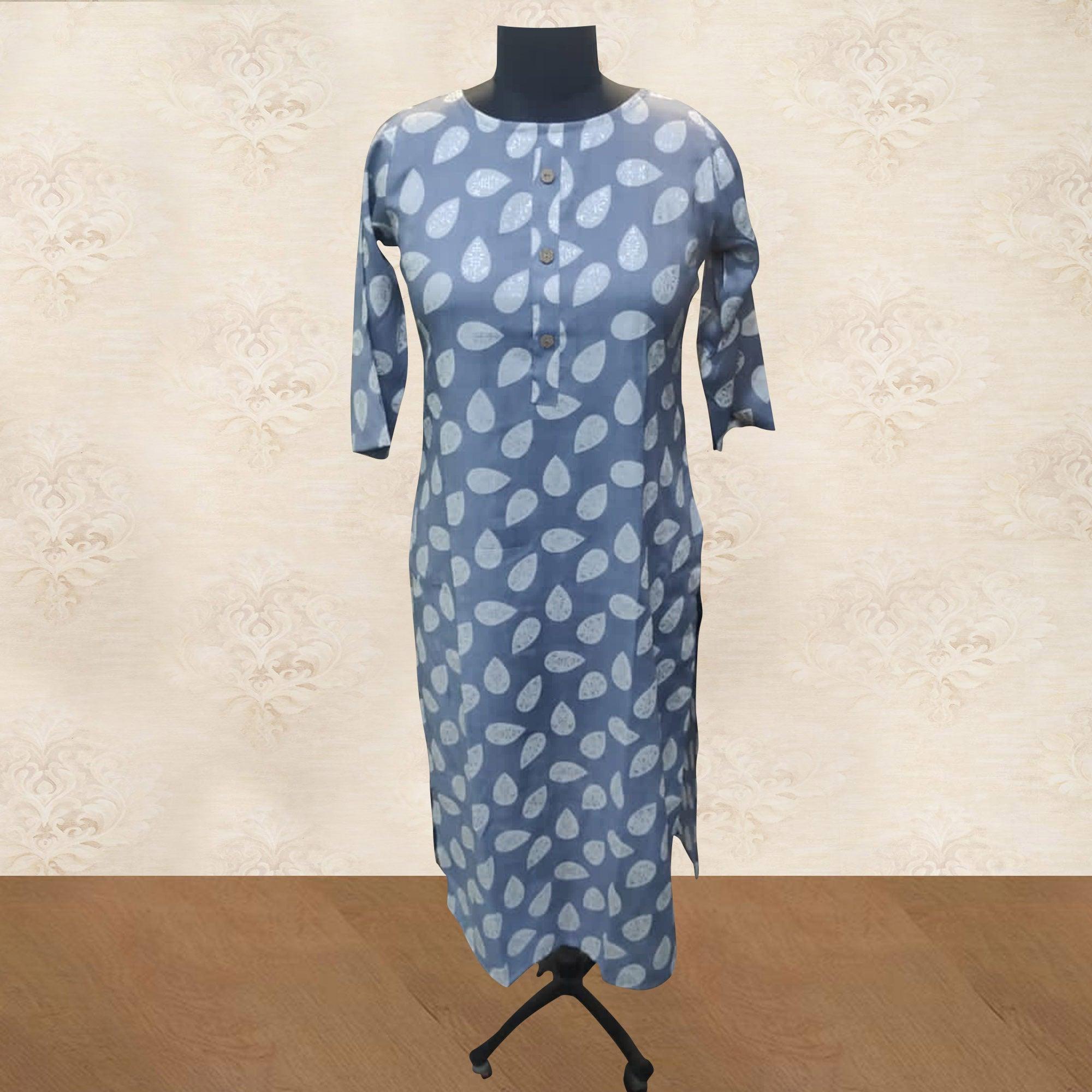 Grey Floral Printed Rayon Kurti - Peachmode