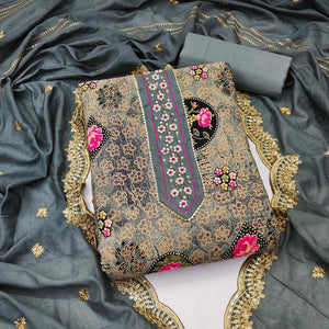 Grey Floral Printed With Embellished Pure Cotton Dress Material - Peachmode