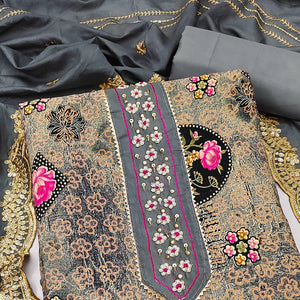 Grey Floral Printed With Embellished Pure Cotton Dress Material - Peachmode