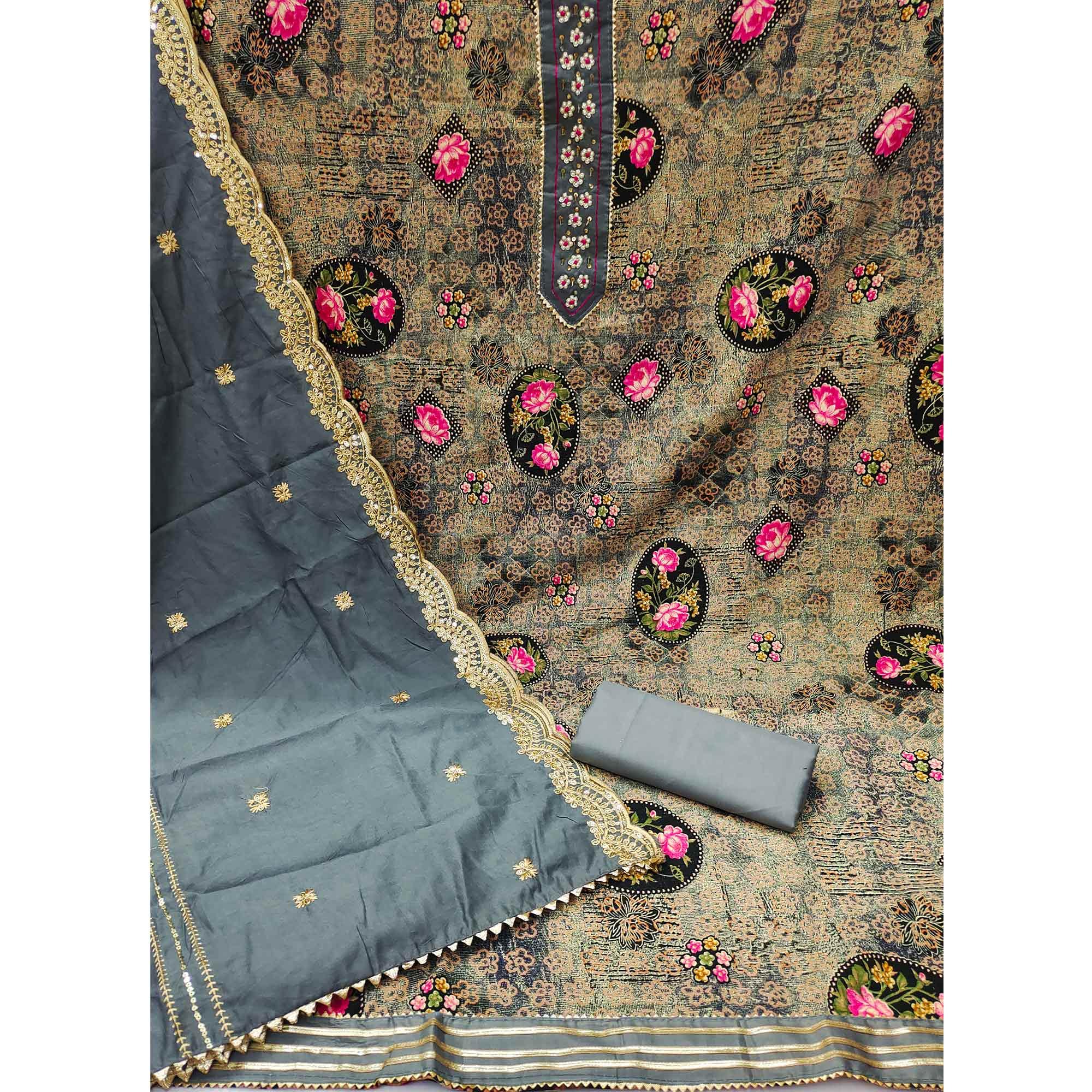 Grey Floral Printed With Embellished Pure Cotton Dress Material - Peachmode