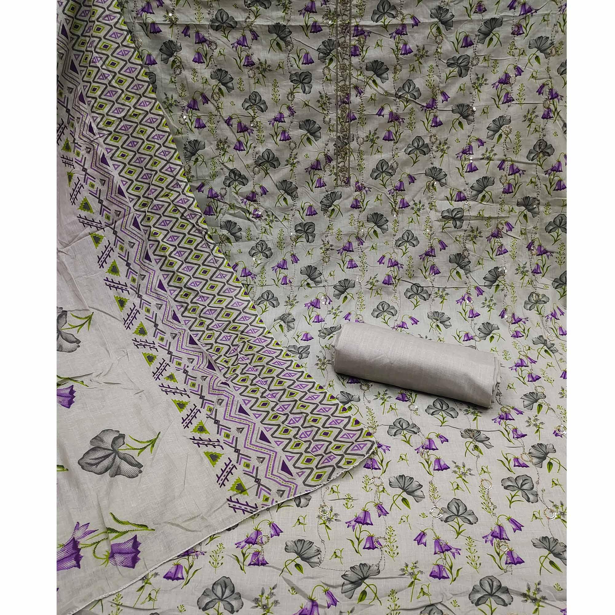 Grey Floral Printed With Embroidered Pure Cotton Dress Material - Peachmode