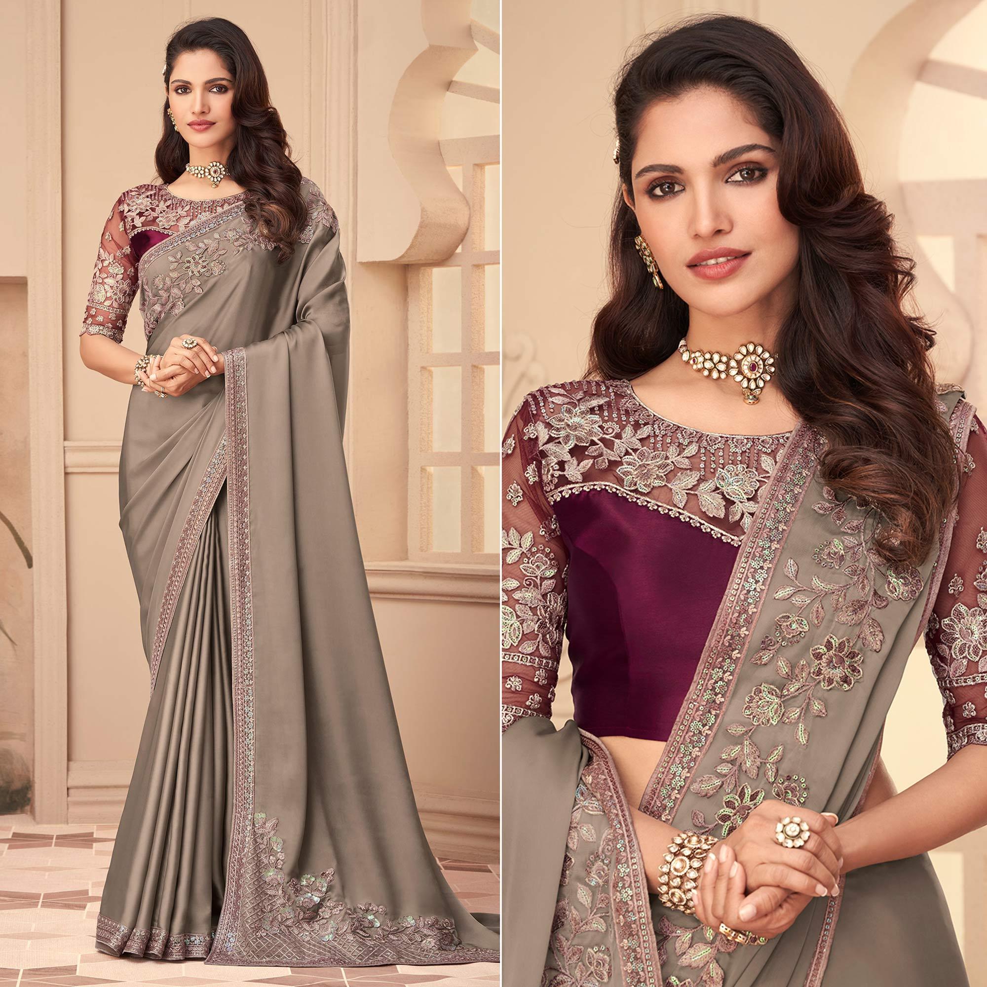 Grey Floral Sequence Embroidered Art Silk Saree - Peachmode