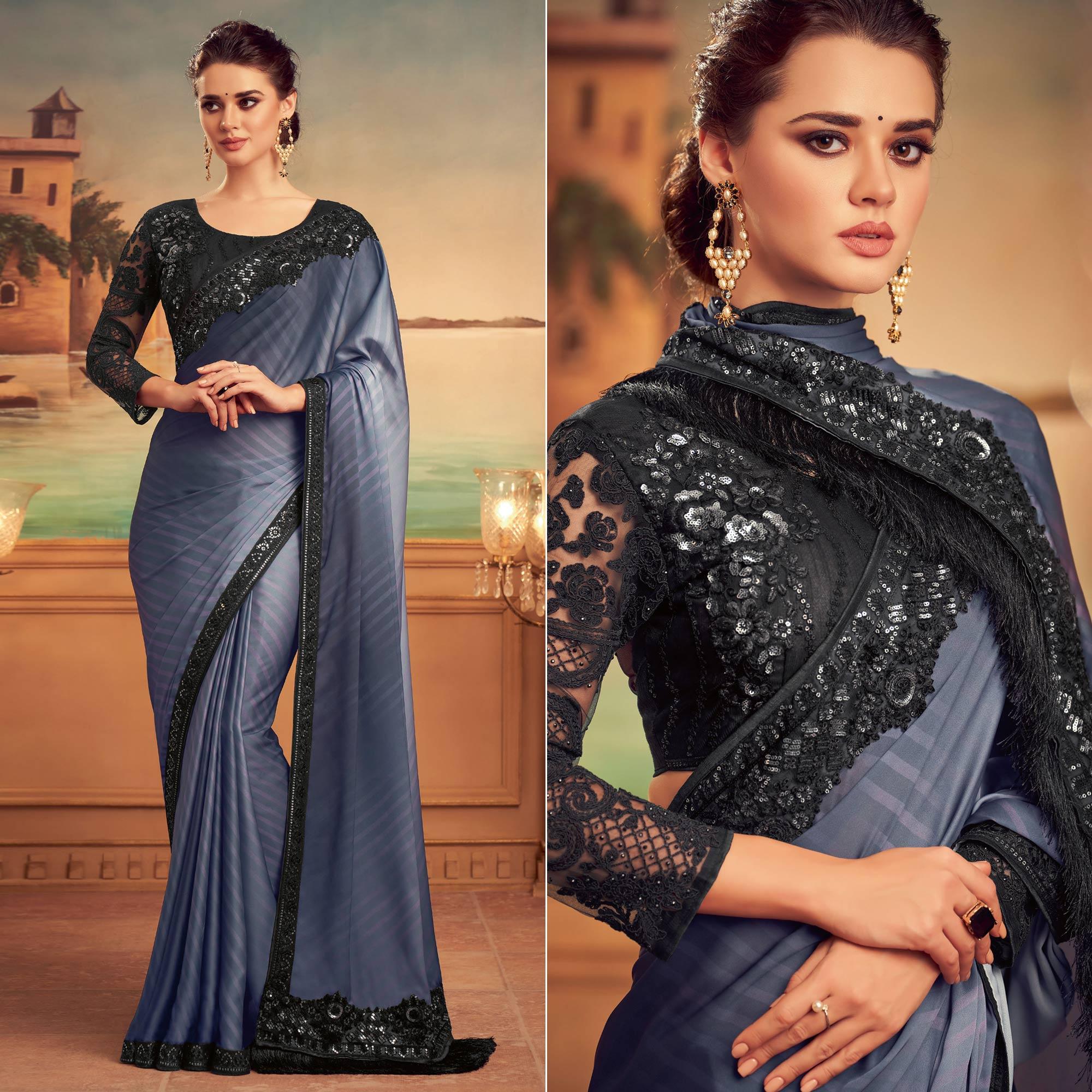 Grey Floral Sequence Embroidered Art Silk Saree - Peachmode