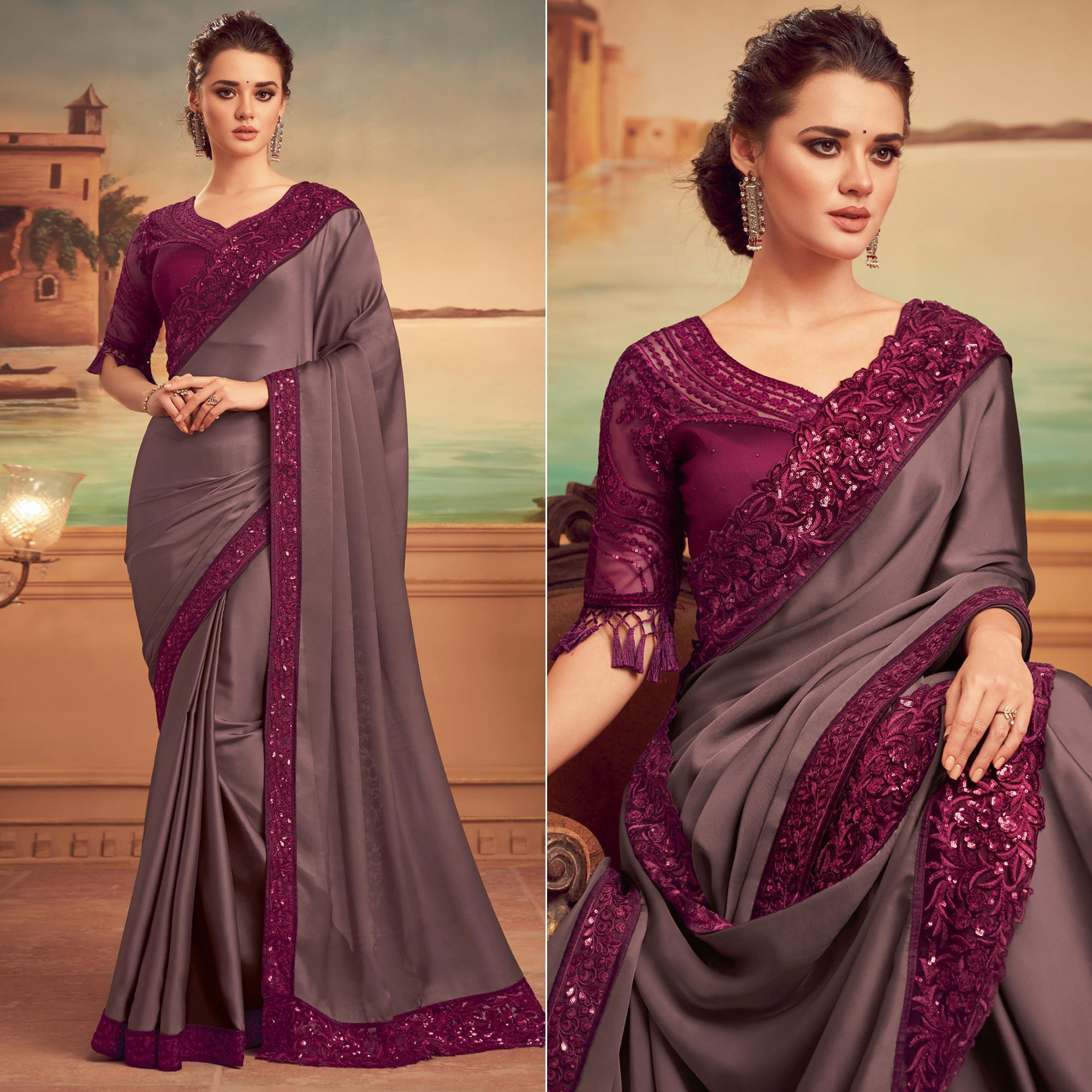 Grey Floral Sequence Embroidered Art Silk Saree - Peachmode
