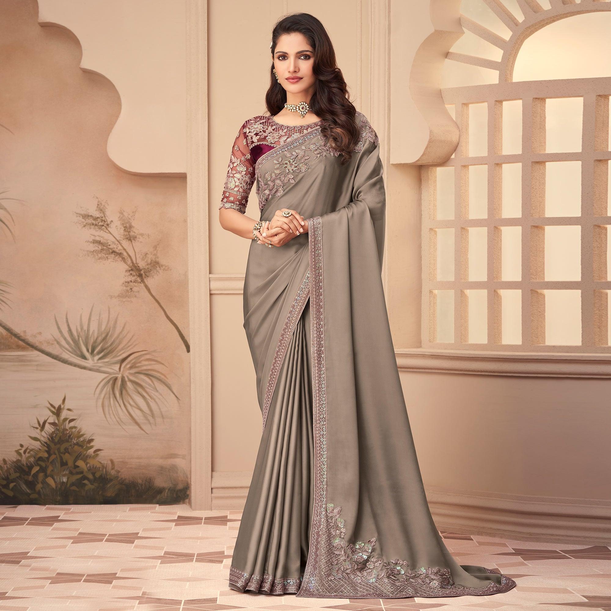 Grey Floral Sequence Embroidered Art Silk Saree - Peachmode