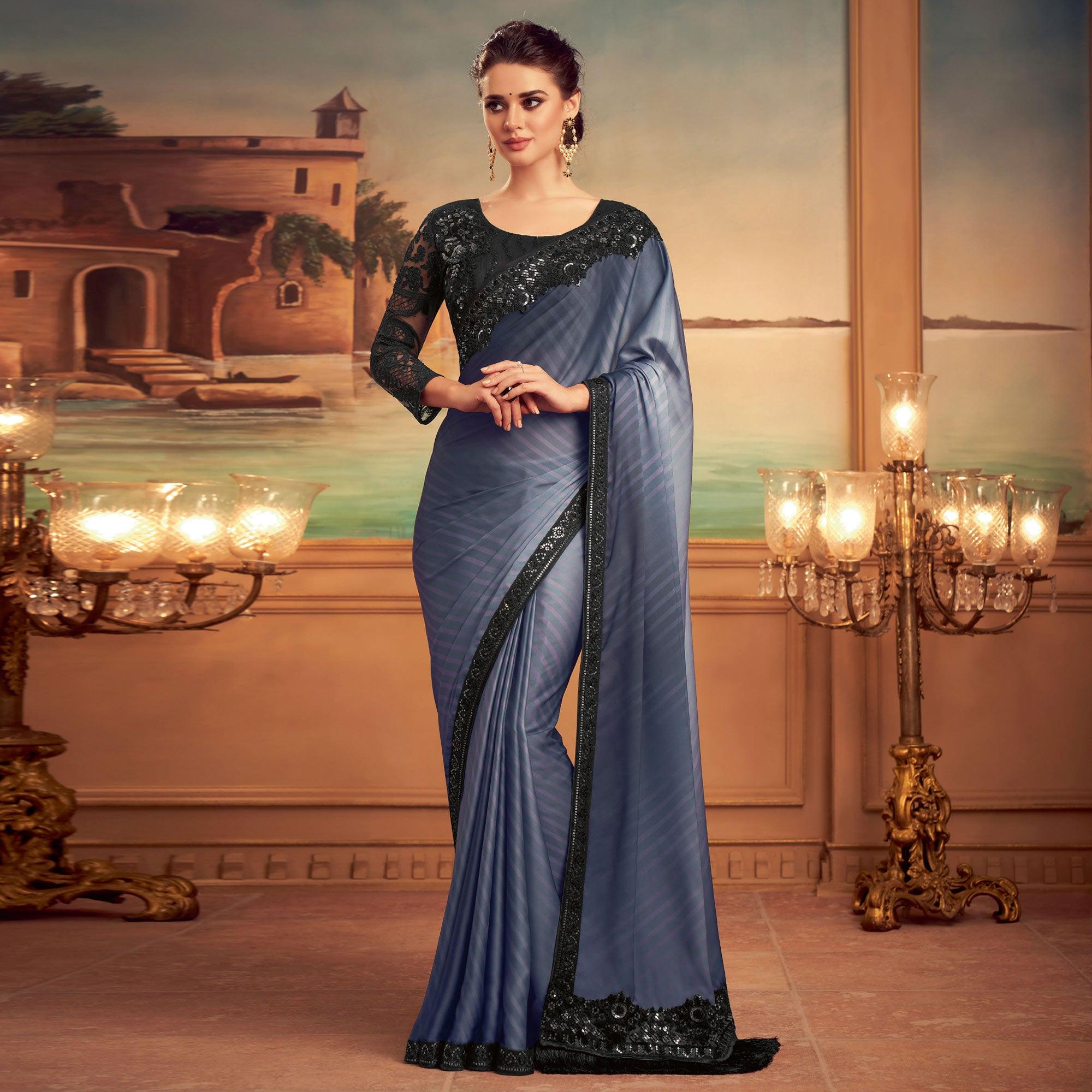 Grey Floral Sequence Embroidered Art Silk Saree - Peachmode