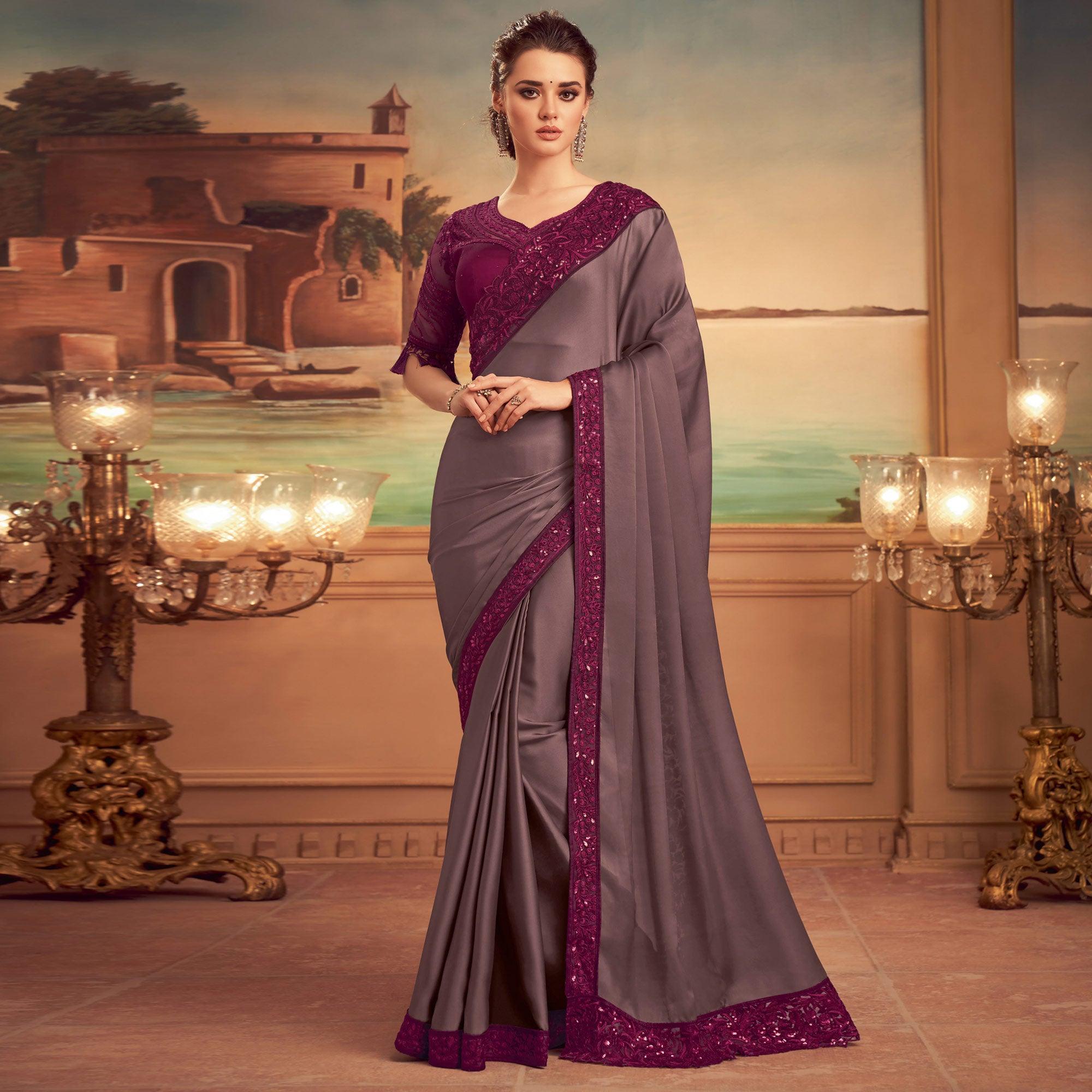 Grey Floral Sequence Embroidered Art Silk Saree - Peachmode