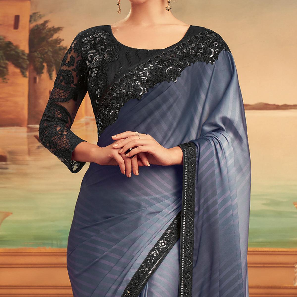 Grey Floral Sequence Embroidered Art Silk Saree - Peachmode
