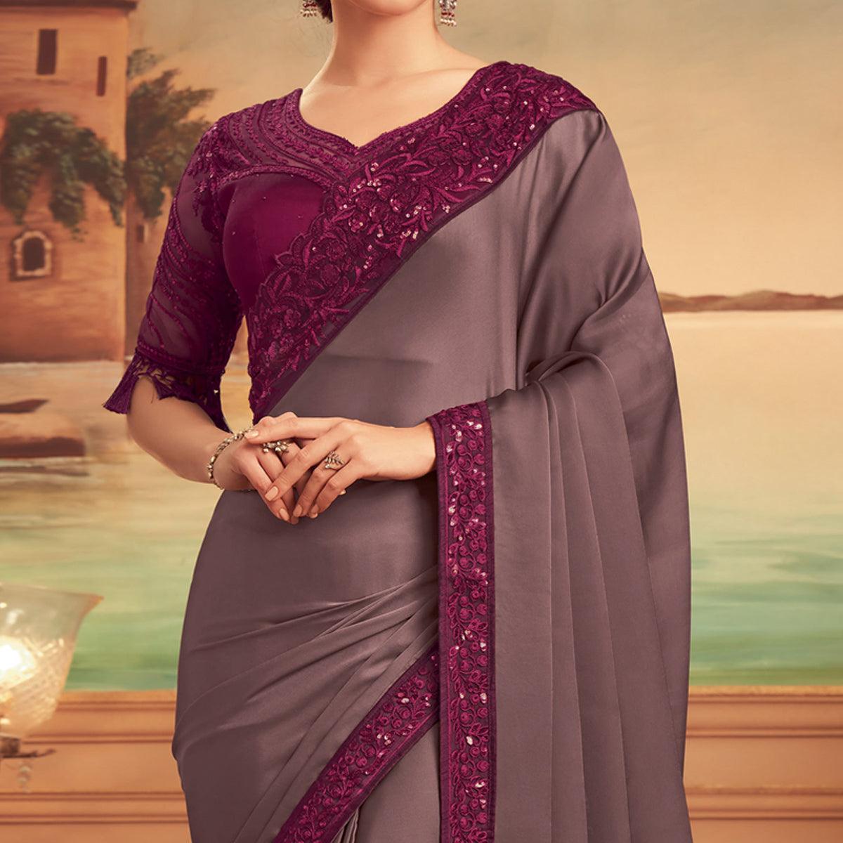 Grey Floral Sequence Embroidered Art Silk Saree - Peachmode