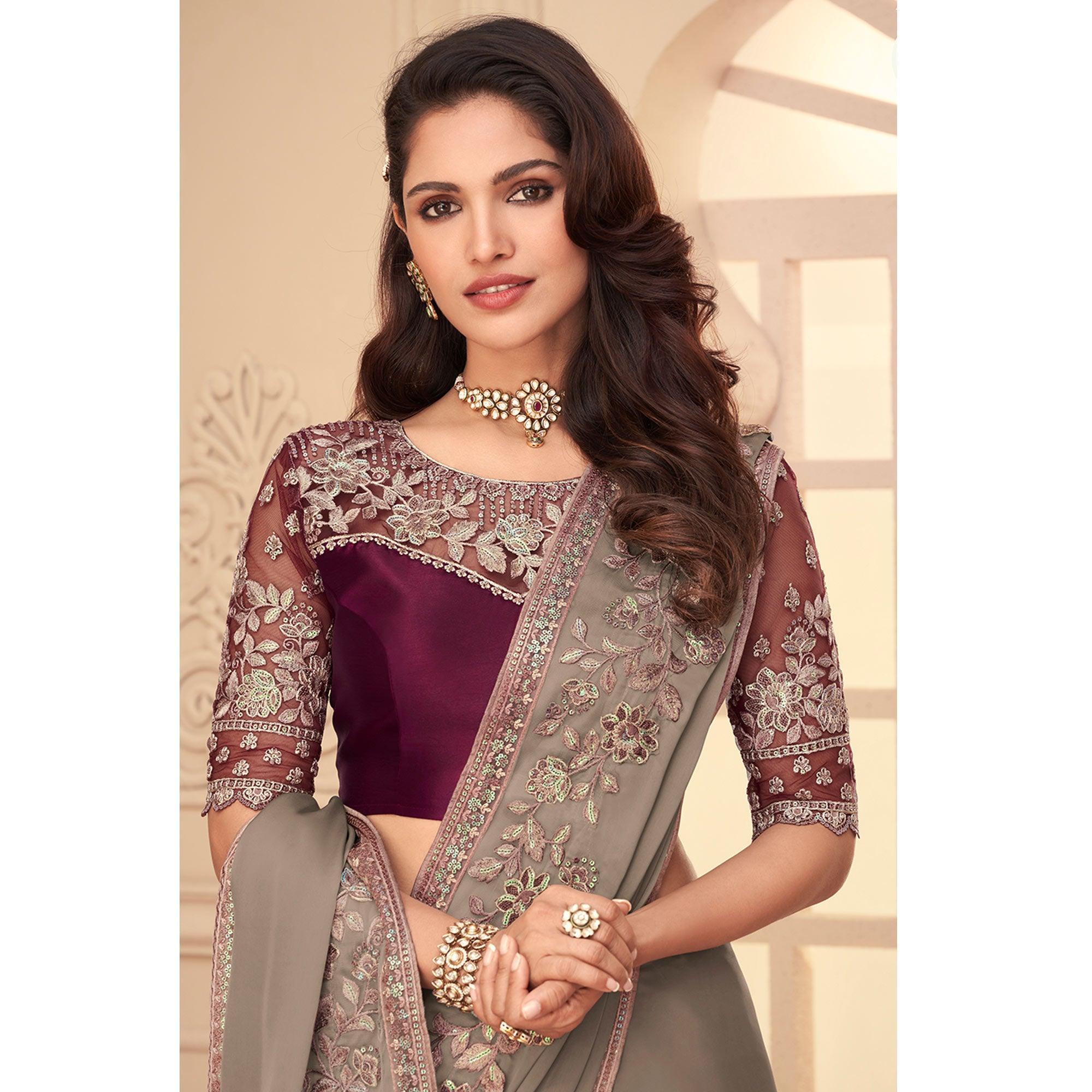 Grey Floral Sequence Embroidered Art Silk Saree - Peachmode