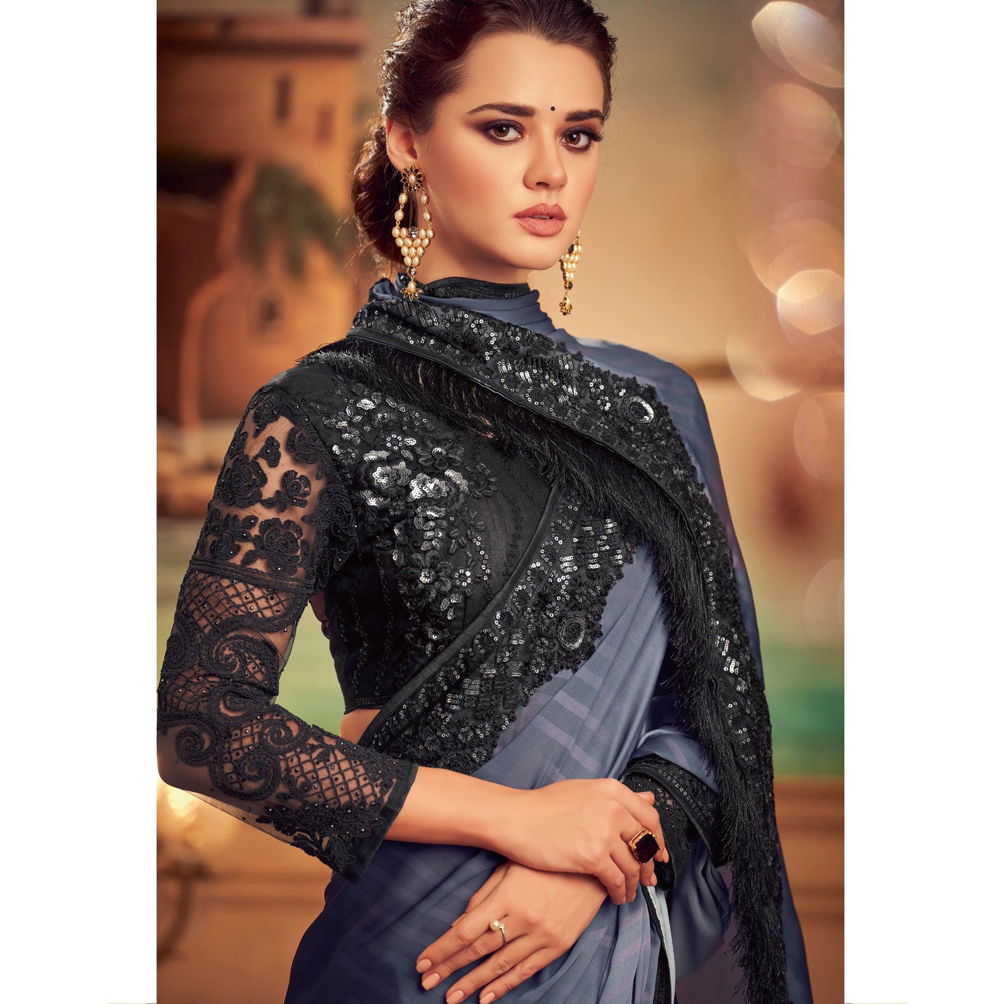 Grey Floral Sequence Embroidered Art Silk Saree - Peachmode
