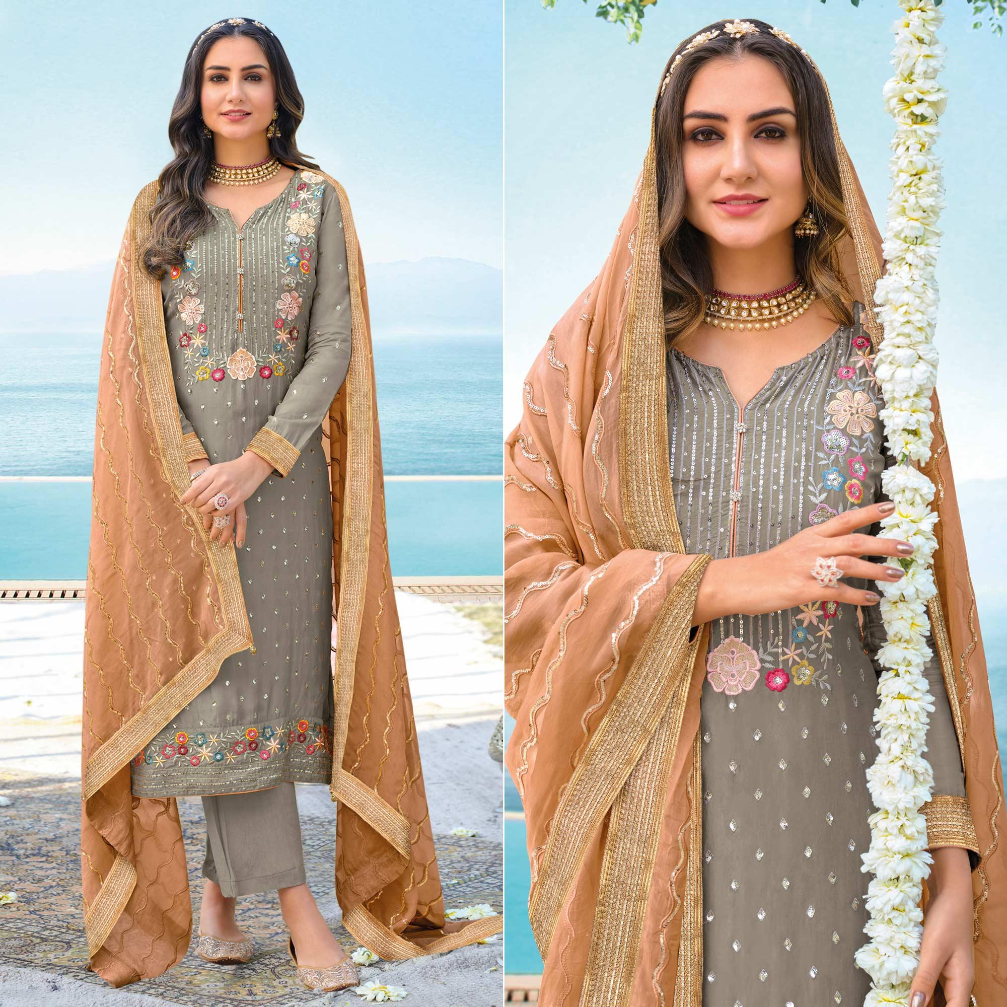 Grey Floral Sequence Embroidered Chiffon Partywear Suit - Peachmode
