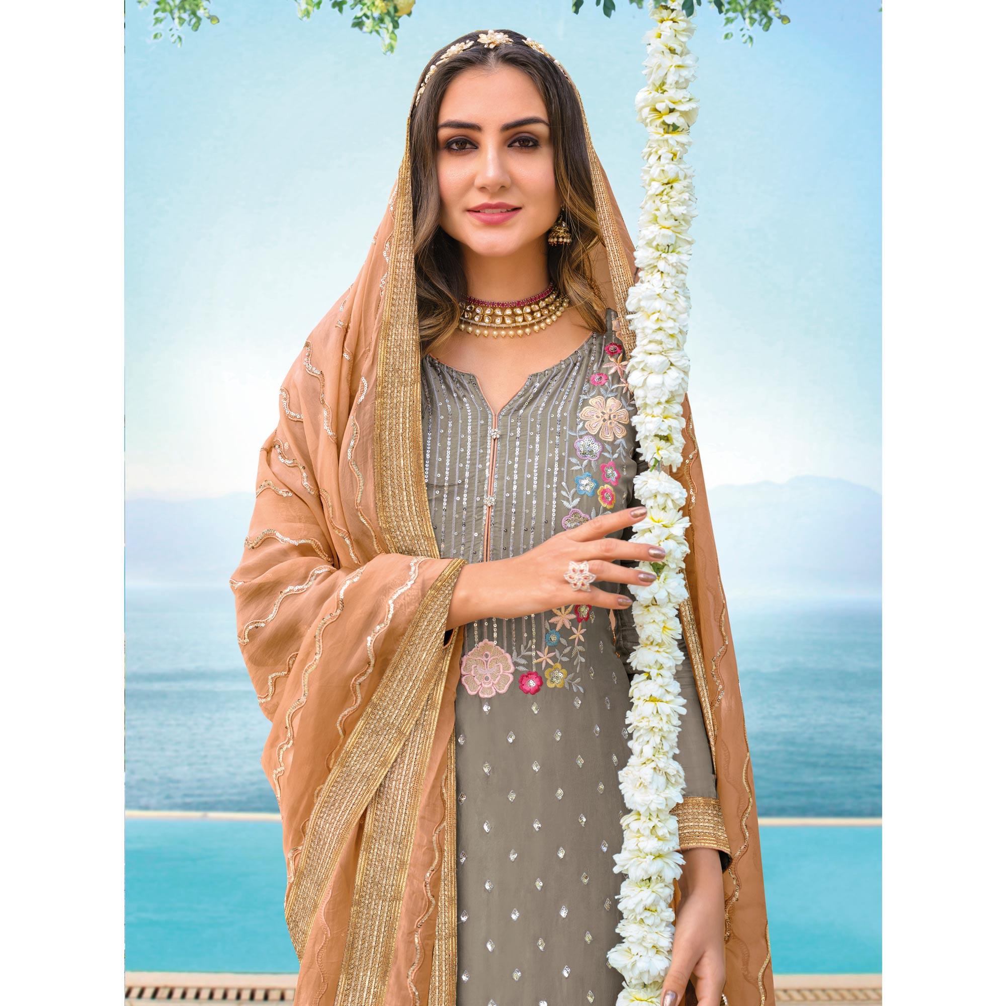 Grey Floral Sequence Embroidered Chiffon Partywear Suit - Peachmode