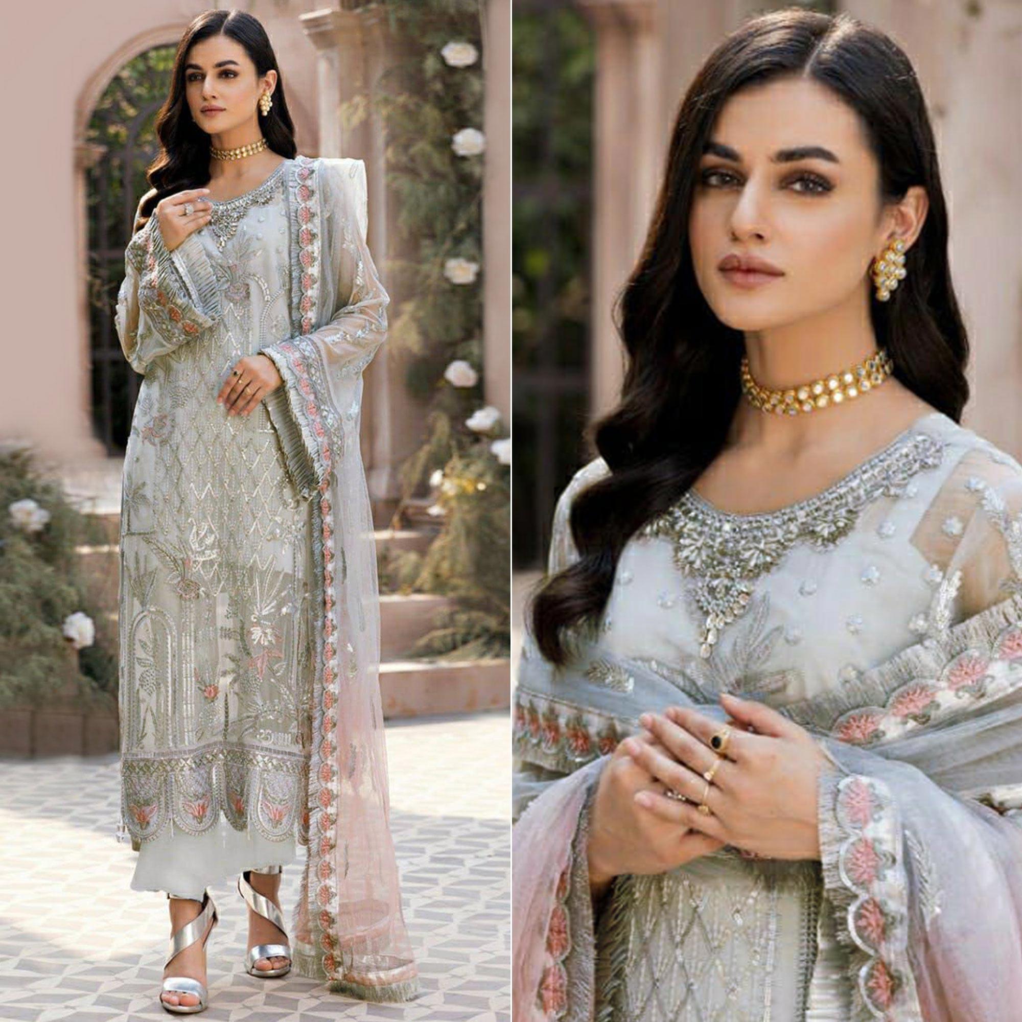 Grey Floral Sequence Embroidered Georgette Pakistani Suit - Peachmode