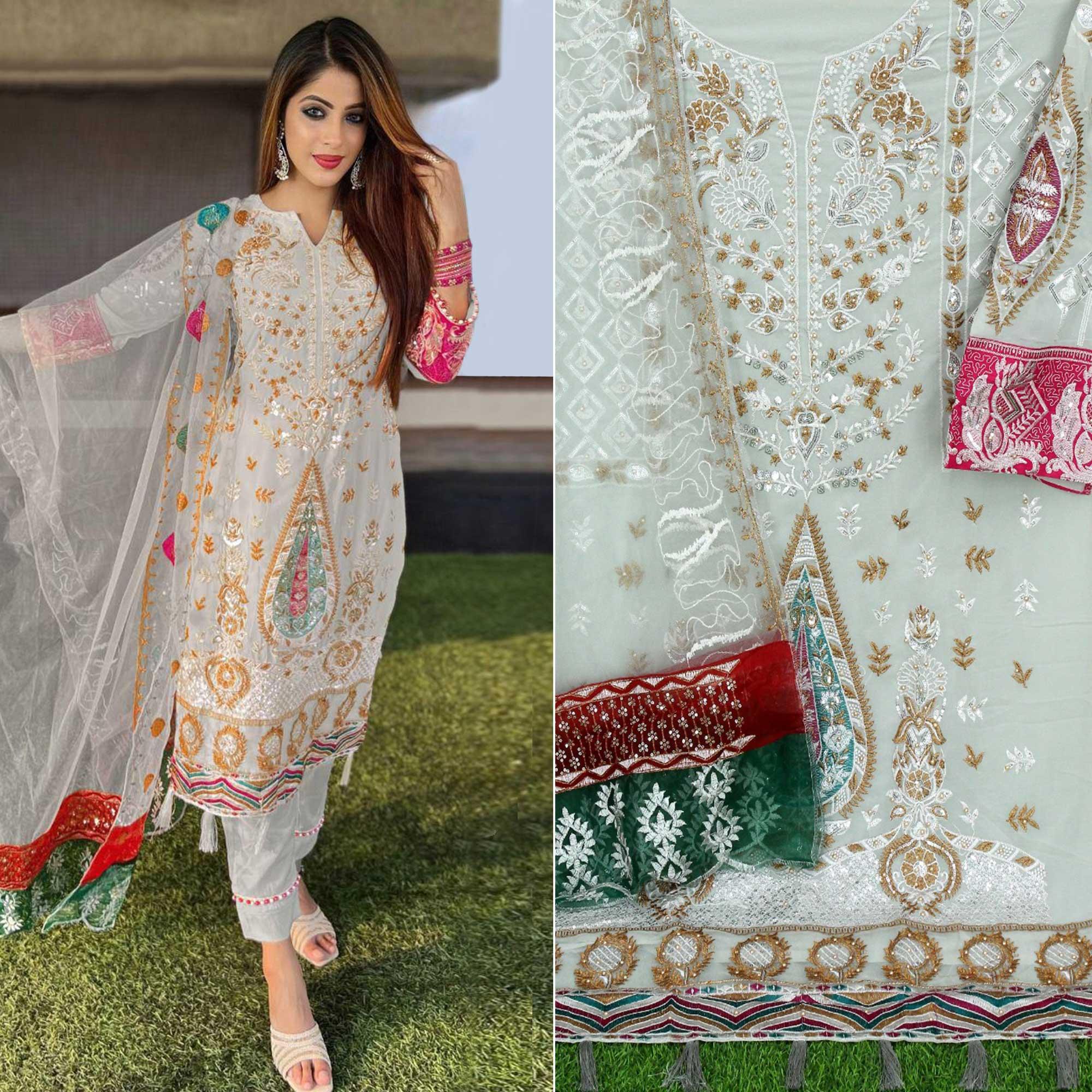 Grey Floral Sequence Embroidered Georgette Pakistani Suit - Peachmode