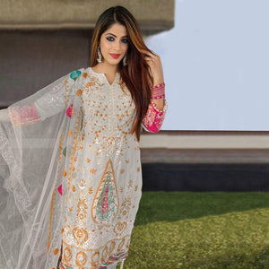 Grey Floral Sequence Embroidered Georgette Pakistani Suit - Peachmode