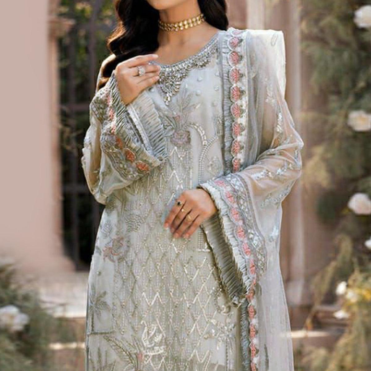 Grey Floral Sequence Embroidered Georgette Pakistani Suit - Peachmode