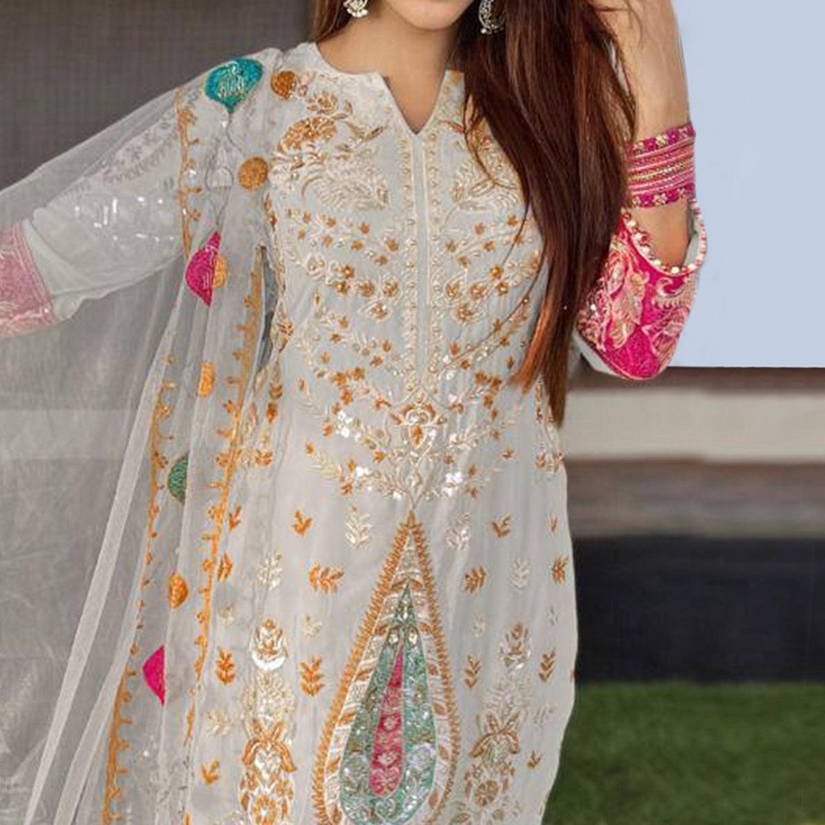 Grey Floral Sequence Embroidered Georgette Pakistani Suit - Peachmode