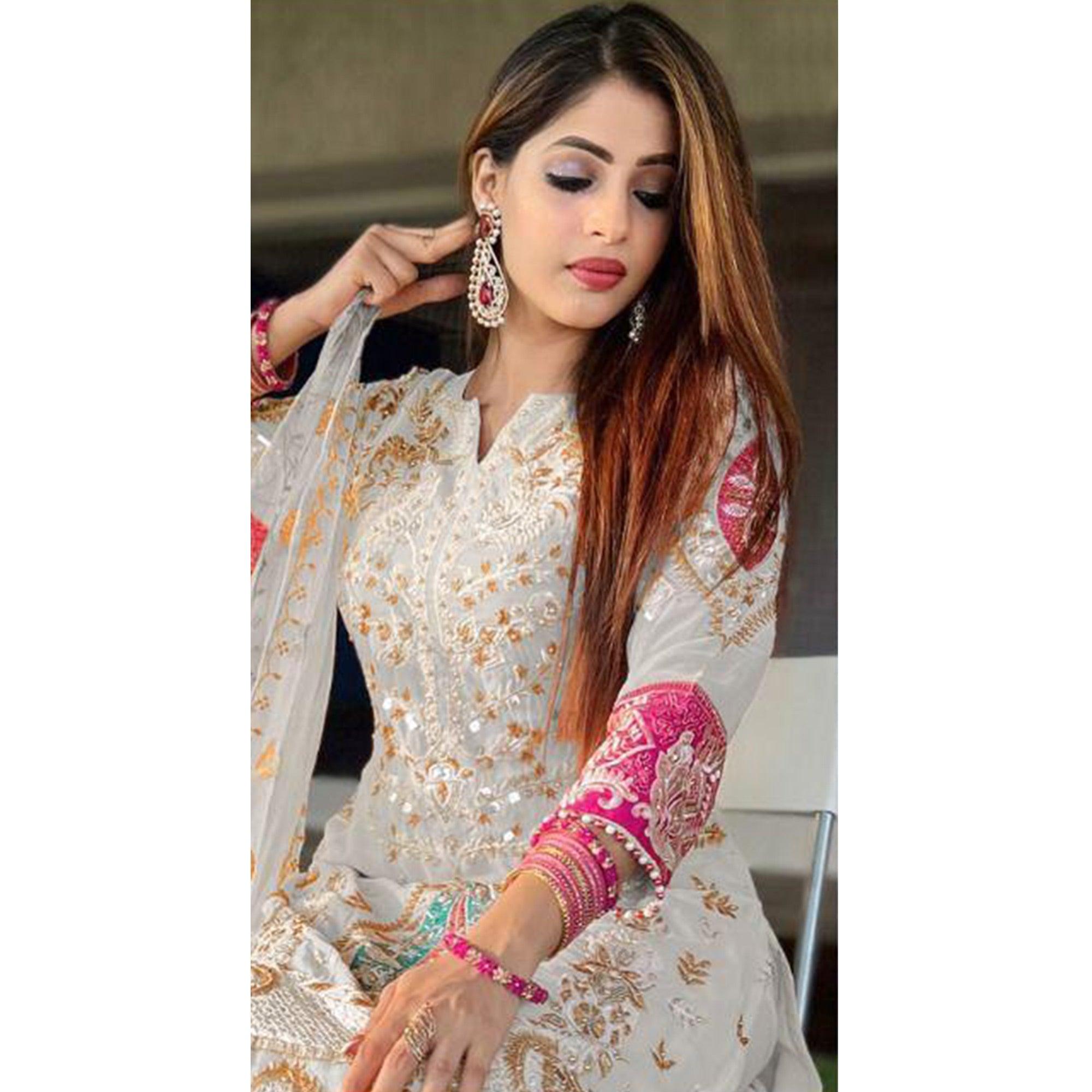 Grey Floral Sequence Embroidered Georgette Pakistani Suit - Peachmode