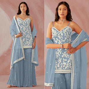 Grey Floral Sequence Embroidered Georgette Sharara Suit - Peachmode