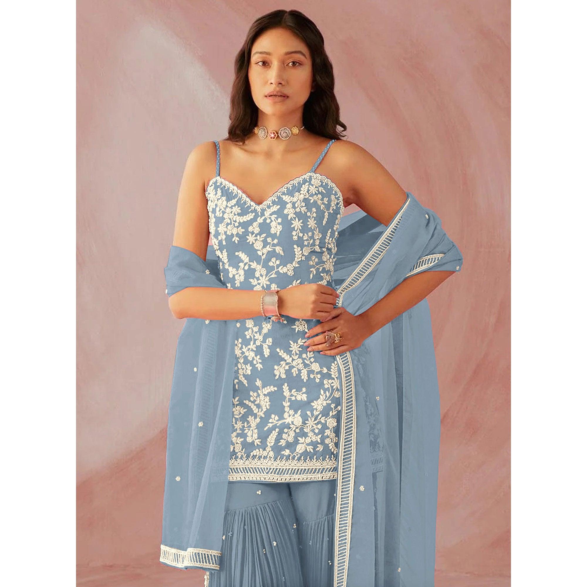 Grey Floral Sequence Embroidered Georgette Sharara Suit - Peachmode