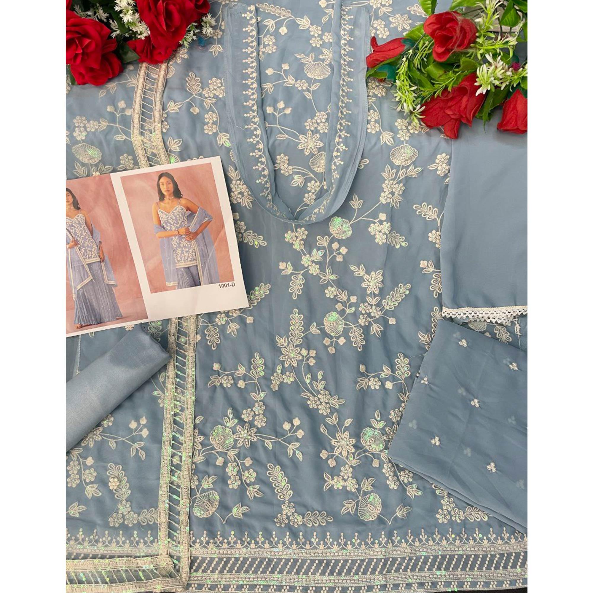 Grey Floral Sequence Embroidered Georgette Sharara Suit - Peachmode