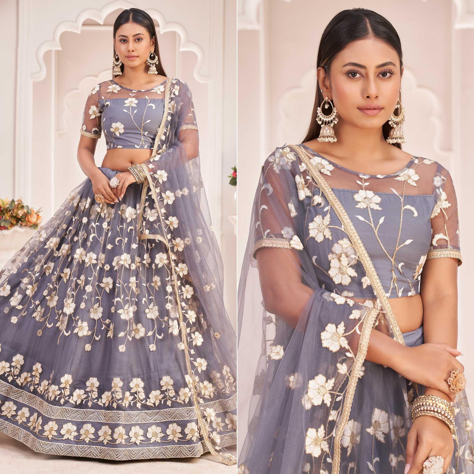 Grey Floral Sequence Embroidered Net Lehenga Choli - Peachmode