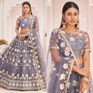 Grey Floral Sequence Embroidered Net Lehenga Choli - Peachmode
