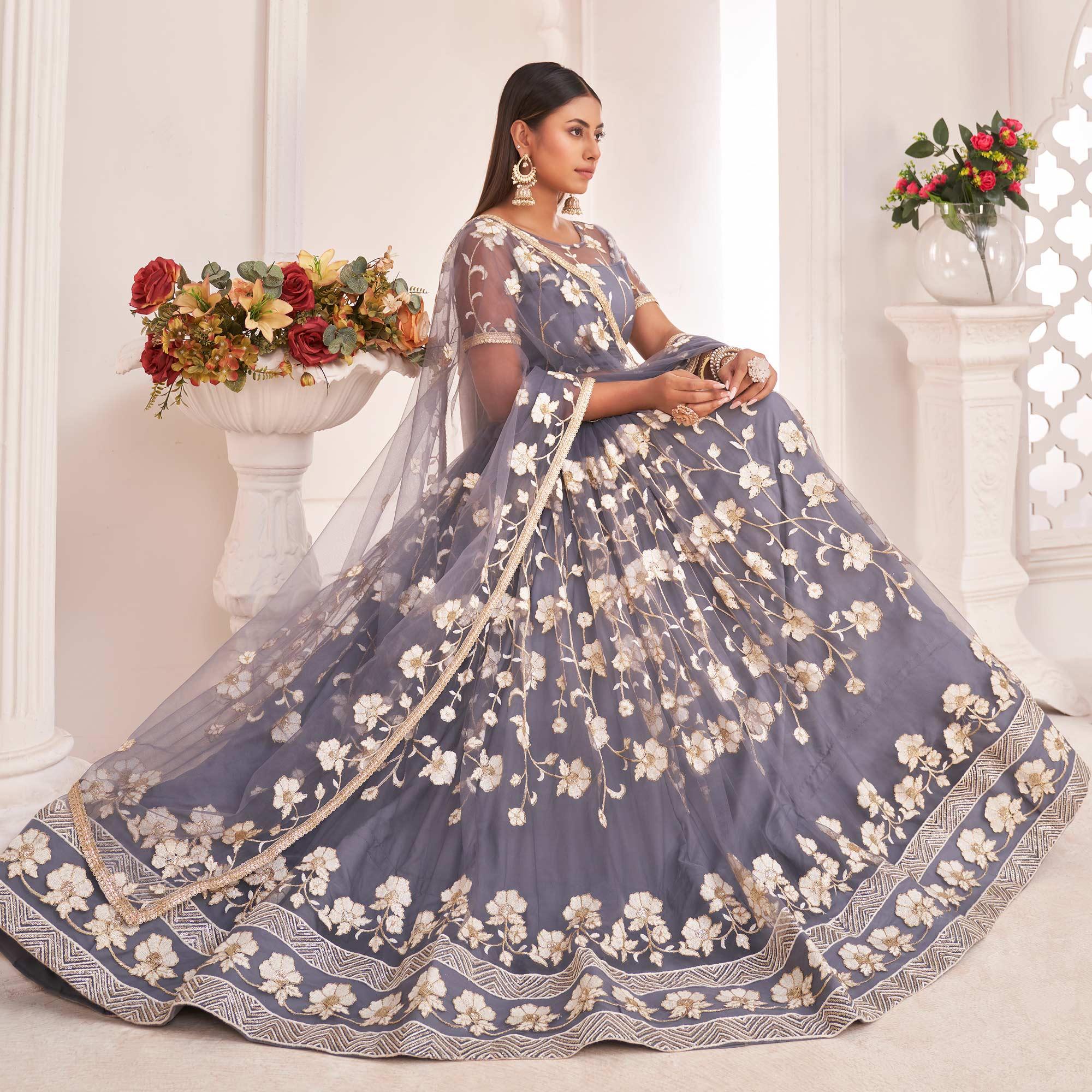 Grey Floral Sequence Embroidered Net Lehenga Choli - Peachmode